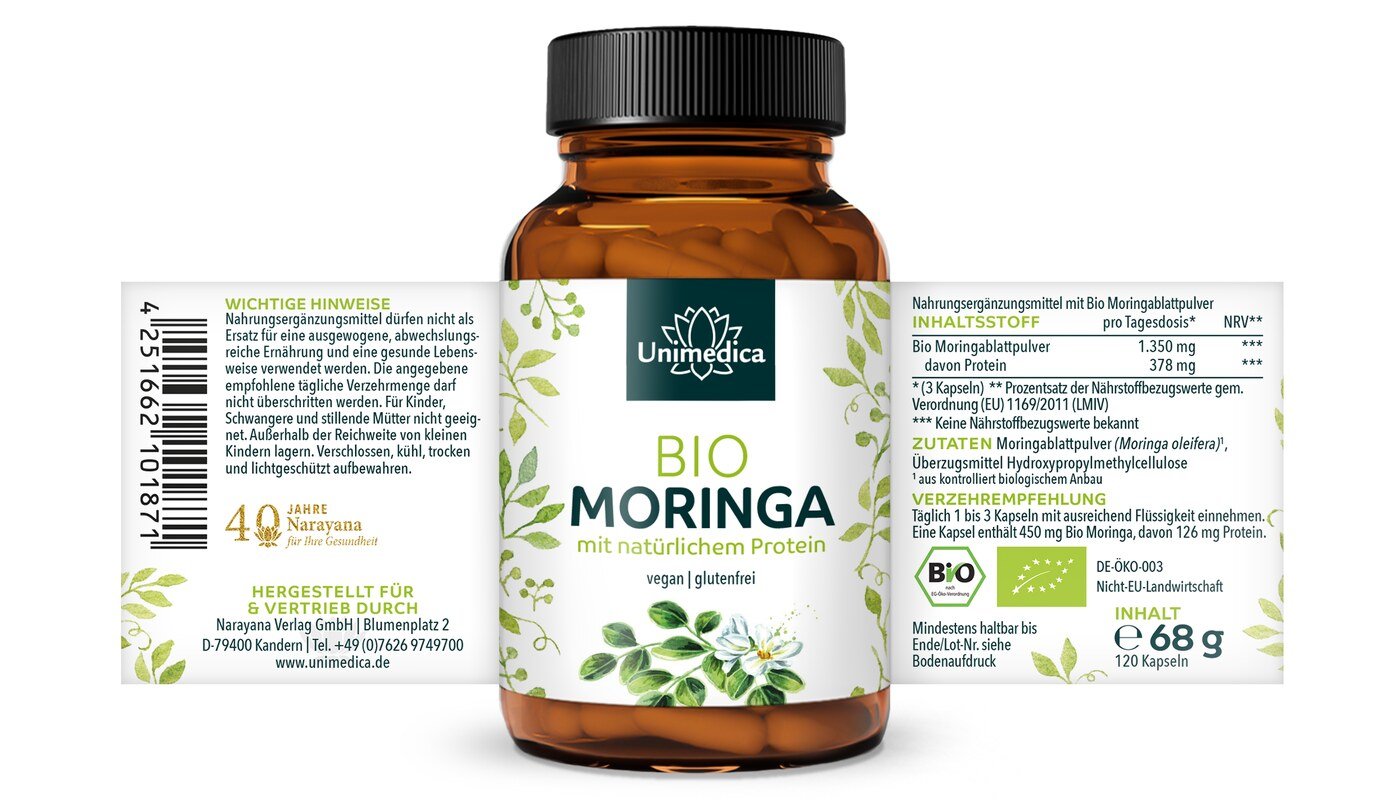 Bio Moringa - 1350 mg pro Tagesdosis (3 Kapseln) - 120 Kapseln - von Unimedica