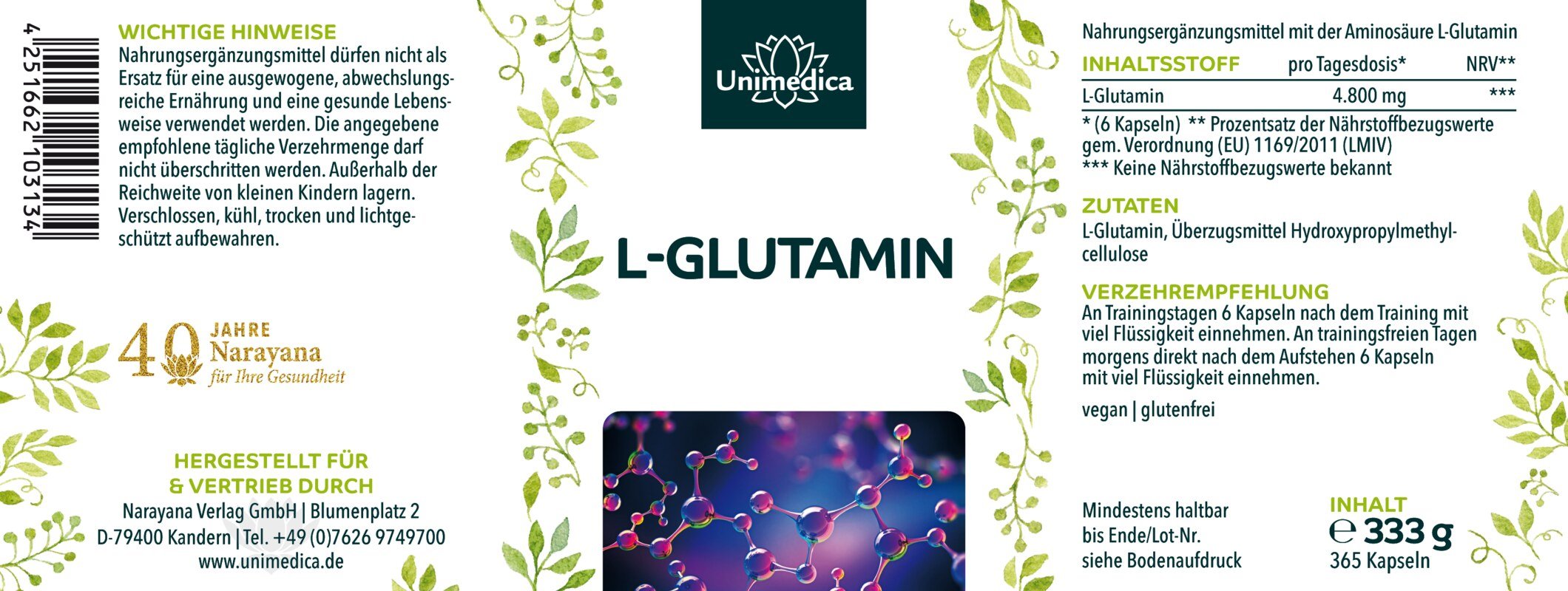 Glutamin - hochdosiert aus Fermentation - 4.800 mg L-Glutamin pro Tagesdosis (6 Kapseln) - 365 Kapseln - von Unimedica