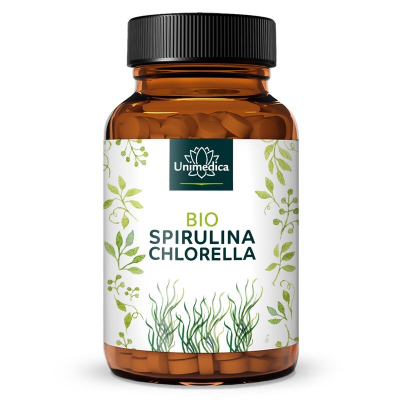 Bio Spirulina und Bio Chlorella - jeweils 3.000 mg pro Tagesdosis (3 x 4 Tabletten) - im Verhältnis 1:1 - 500 Tabletten - von Unimedica