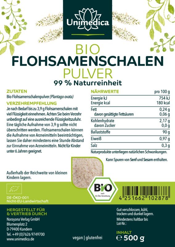 Bio Flohsamenschalen Pulver - 99 % Naturreinheit - Premiumqualität - 500 g - von Unimedica