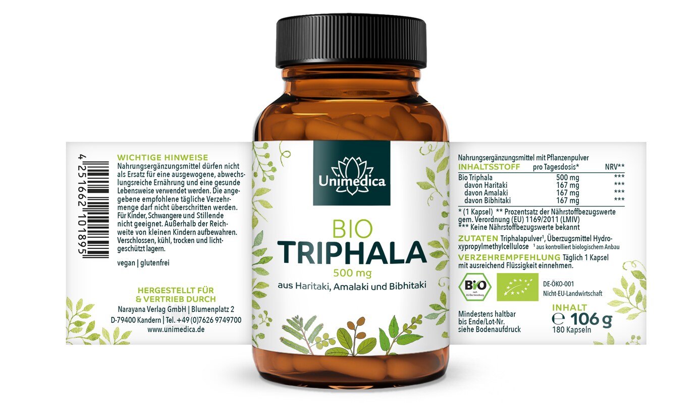 2er-Sparset: Bio Triphala - 500 mg pro Tagesdosis (1 Kapsel) - 2 x 180 Kapseln - von Unimedica