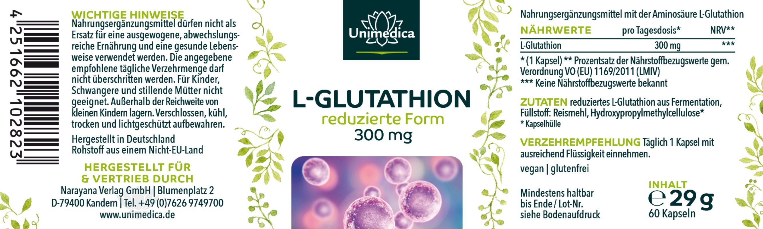 L-Glutathion - reduzierte Form aus natürlicher Fermentation - 300 mg pro Tagesdosis (1 Kapsel) - 60 Kapseln - von Unimedica