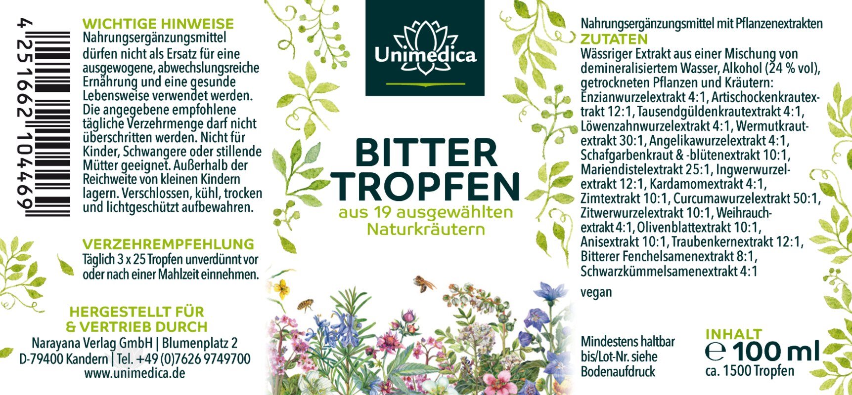Bittertropfen - 100 ml - aus 19 Naturkräutern - von Unimedica
