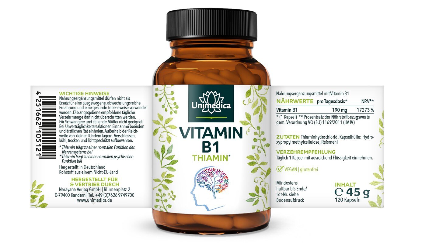 Vitamin B1 (Thiamin) - 190 mg pro Tagesdosis (1 Kapsel) - 120 Kapseln - von Unimedica