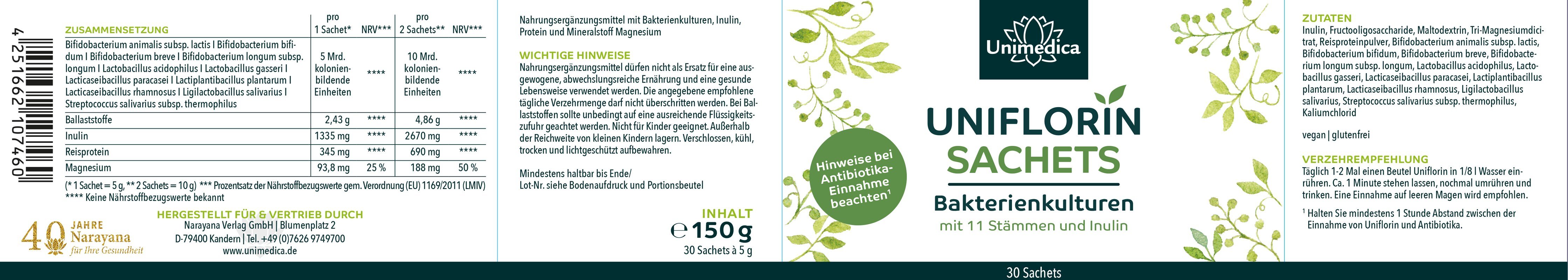 Uniflorin Pulver Sachets mit Kulturen Komplex aus 11 Bakterienstämmen und Inulin - 5 Mrd. KBE pro Tagesdosis - 30 Sachets - von Unimedica