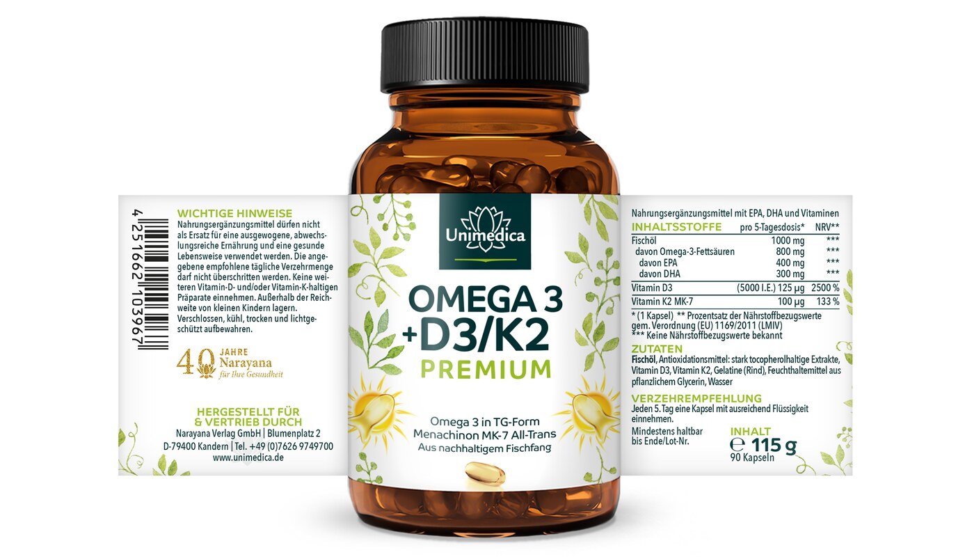 Vitamin D3 + K2 MK7 All-trans + Omega 3 - Premium - aus nachhaltigem Fischfang - 90 Softgelkapseln - von Unimedica