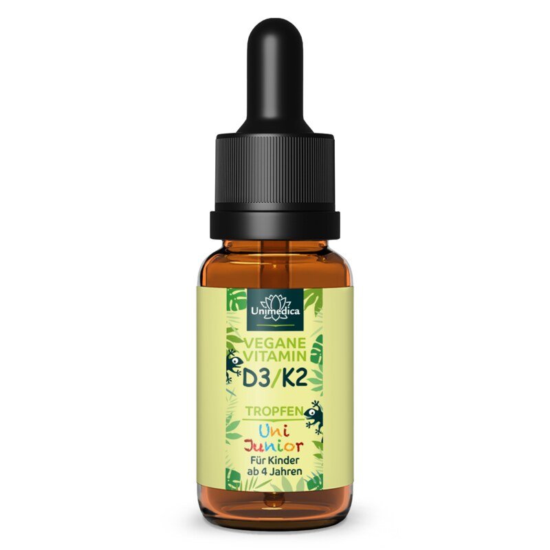 Uni Junior - Vitamin D3 / K2 Tropfen für Kinder mit veganem D3 - 500 I.E. Vitamin D3 und 25 µg Vitamin K2 pro Tagesdosis (1 Tropfen) - 10 ml - von Unimedica