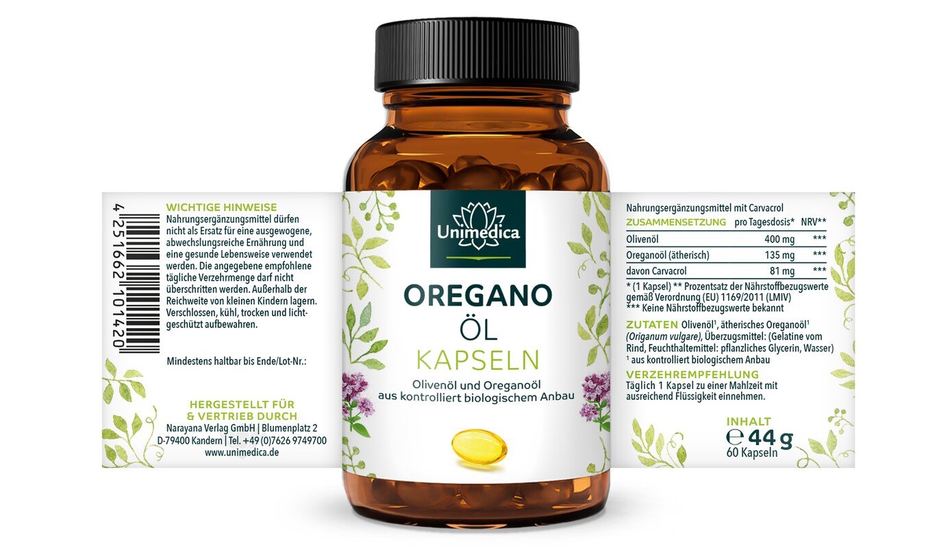 Oregano Öl - 135 mg pro Tagesdosis (1 Kapsel) - 60 Softgelkapseln - von Unimedica