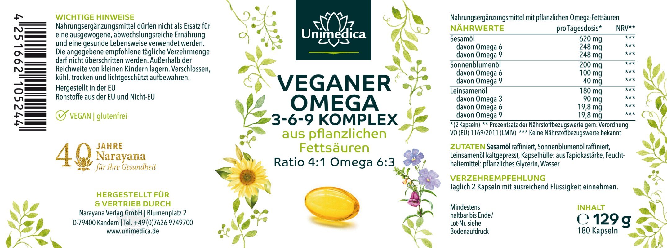 Veganer Omega 3-6-9 Komplex - aus pflanzlichen Omega-Fettsäuren - 180 Softgelkapseln - vegan - von Unimedica