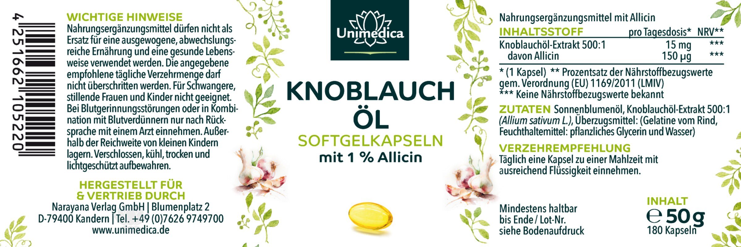 Knoblauchöl Softgelkapseln - 500 : 1 konzentriert - 15 mg Knoblauchöl-Extrakt pro Tagesdosis (1 Kapsel) - 180 Kapseln - von Unimedica