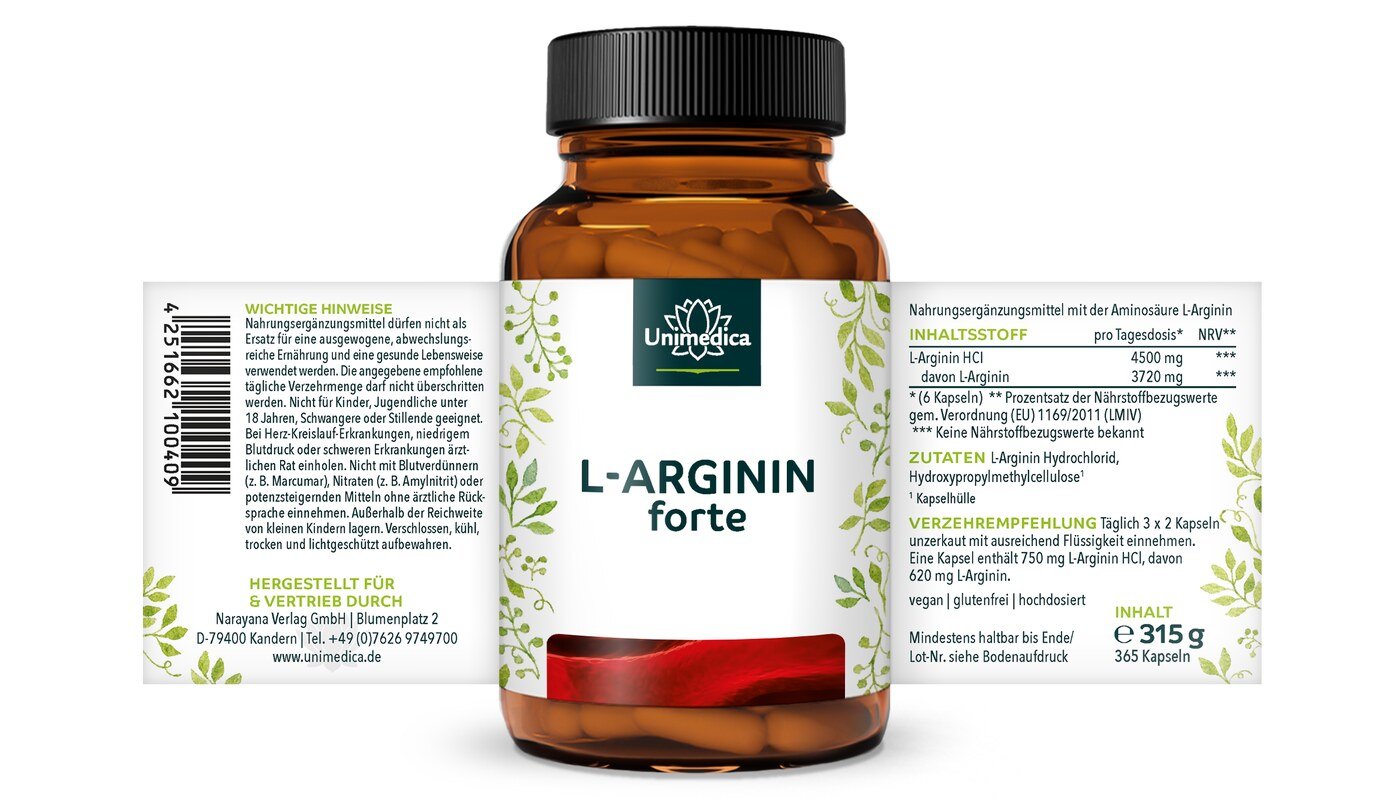 L-Arginin forte - 3.720 mg pro Tagesdosis (6 Kapseln) - aus natürlicher Fermentation - hochdosiert - vegan - 365 Kapseln - von Unimedica
