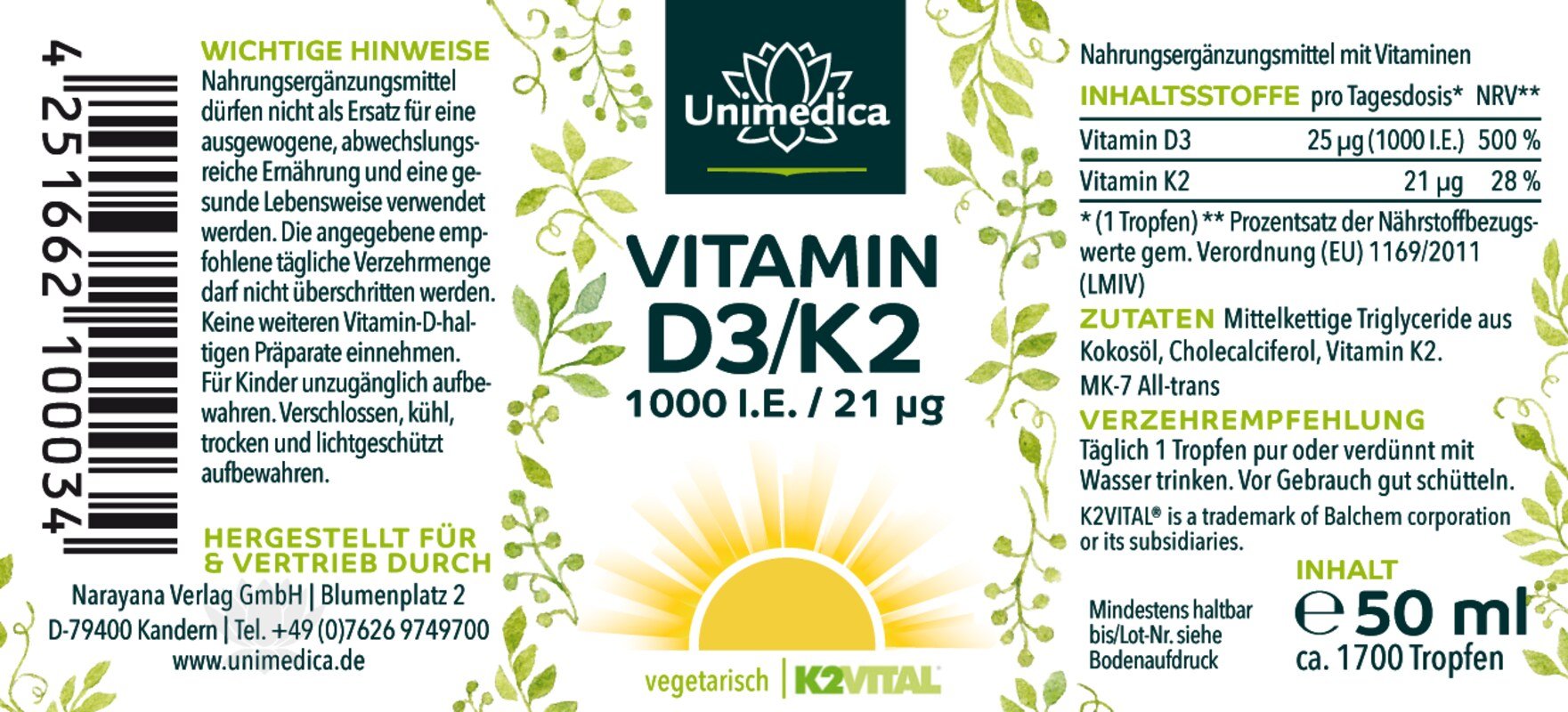 Sparset: Vitamin D3 / K2 MK7 All-trans - 50 ml + Bio Grapefruitkernextrakt - 100 ml + Quercetin - 120 Kapseln + Vitamin C - 180 Tabletten - von Unimedica