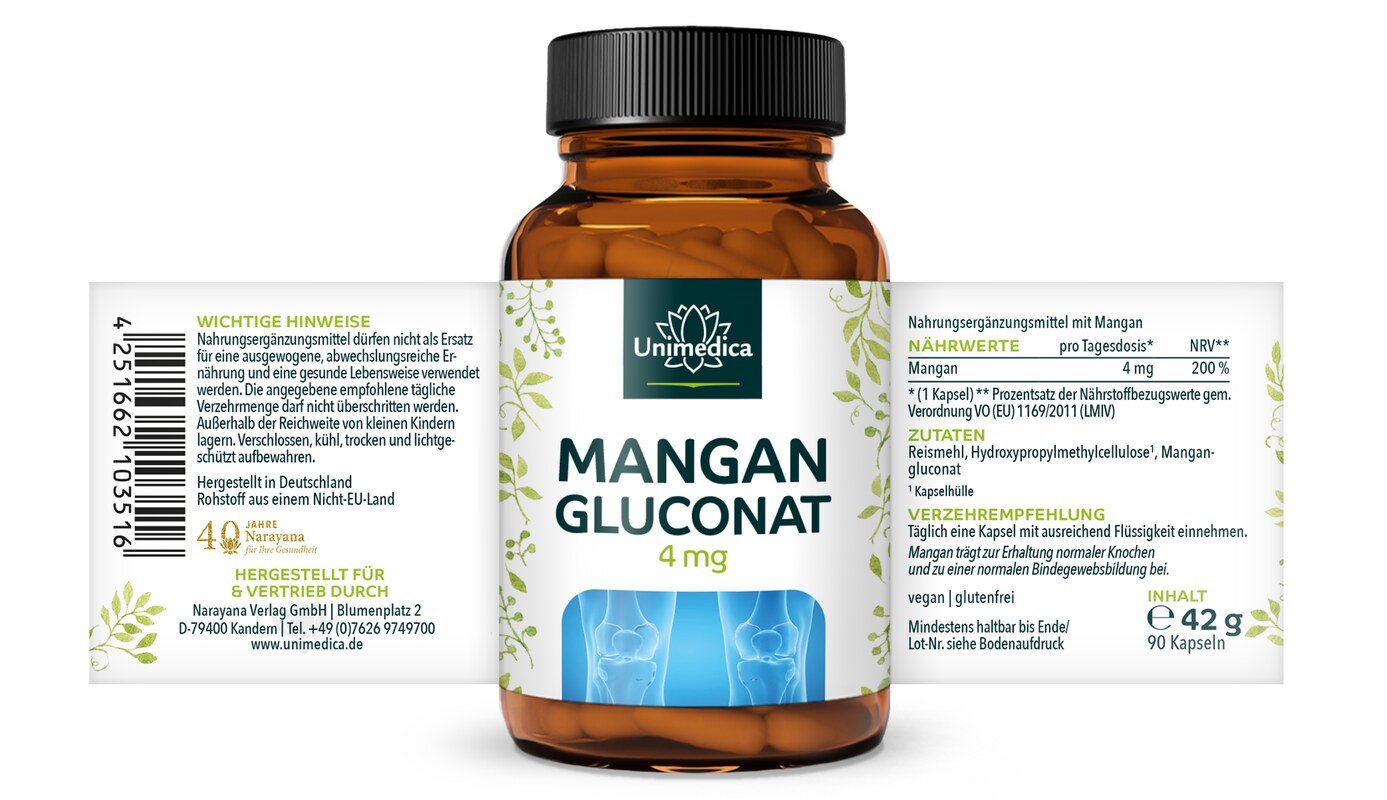 Mangan - 4 mg Mangangluconat pro Tagesdosis (1 Kapsel) - 90 Kapseln - von Unimedica