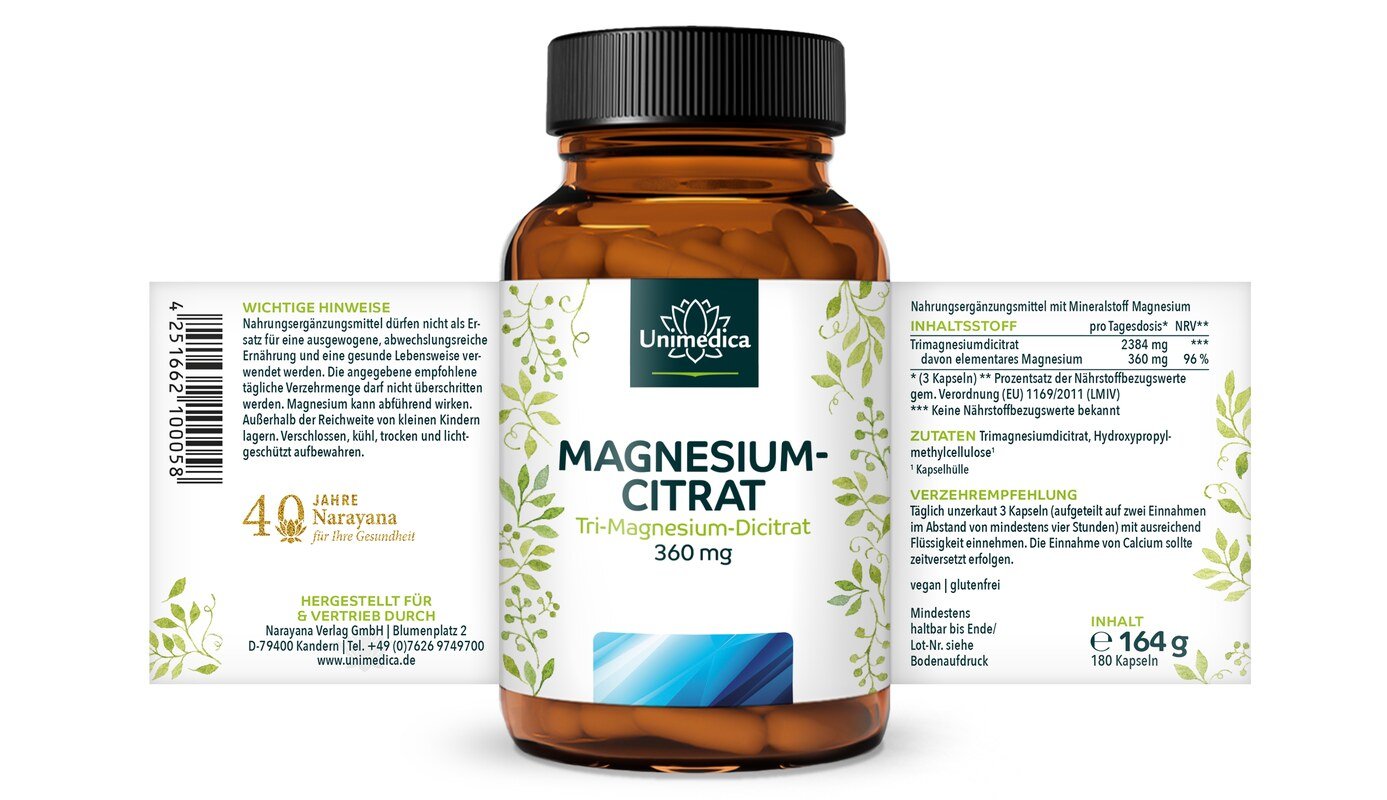 Magnesium Citrat - Tri-Magnesium-Dicitrat - 360 mg elementares Magnesium pro Tagesdosis (3 Kapseln) - 180 Kapseln - von Unimedica