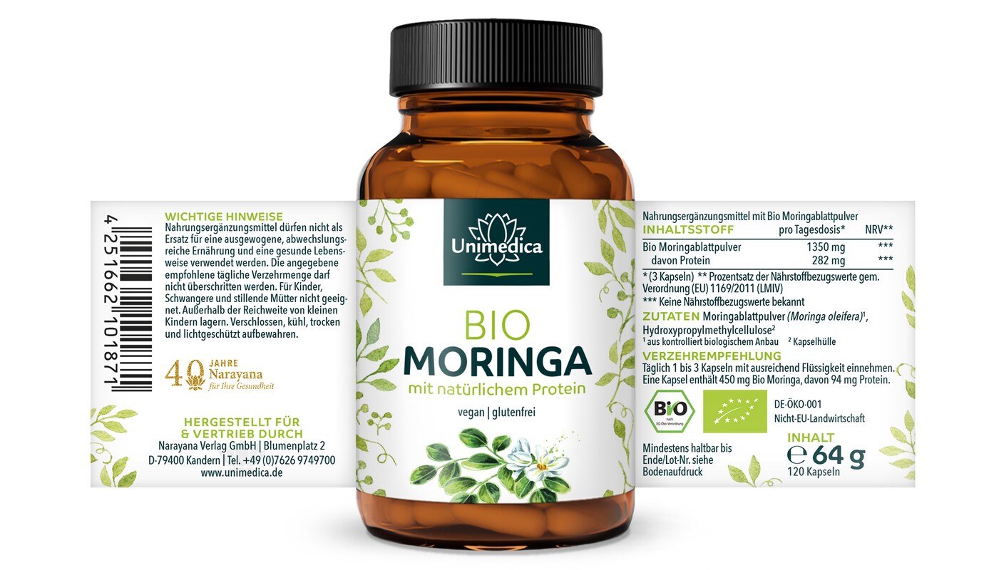 2er-Sparset: Bio Moringa - 1350 mg pro Tagesdosis (3 Kapseln) - 2 x 120 Kapseln - von Unimedica