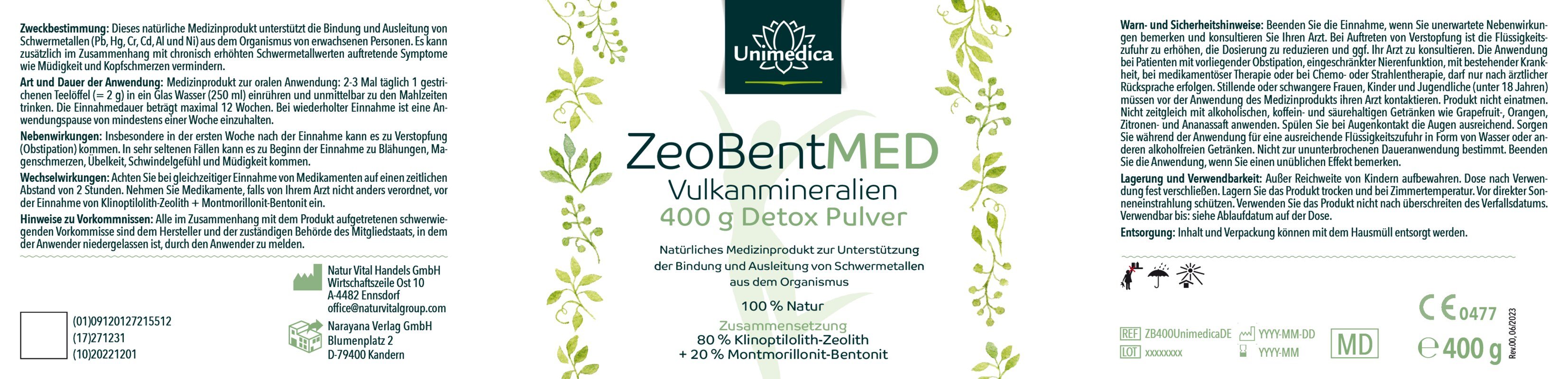 ZeoBent MED Detox Pulver mit Zeolith und Bentonit - 400 g - von Unimedica