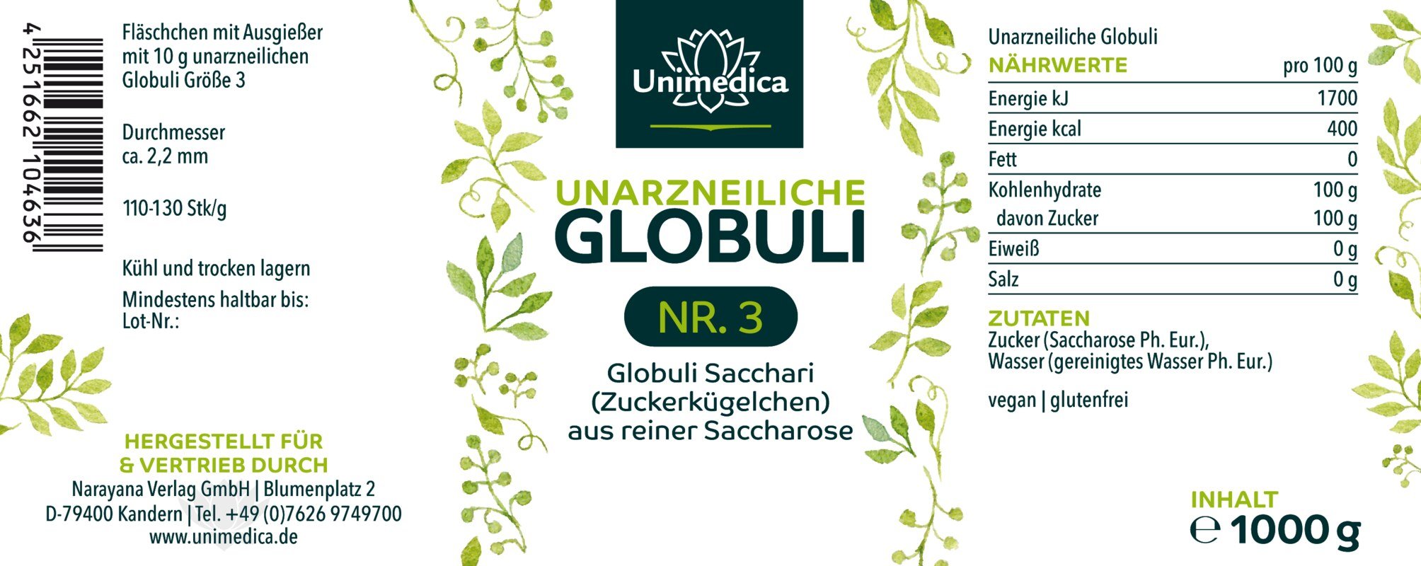 Fläschchen mit Ausgießer - mit 10 g unarzneilichen Globuli der Größe 3 - 1000 Stück - von Unimedica