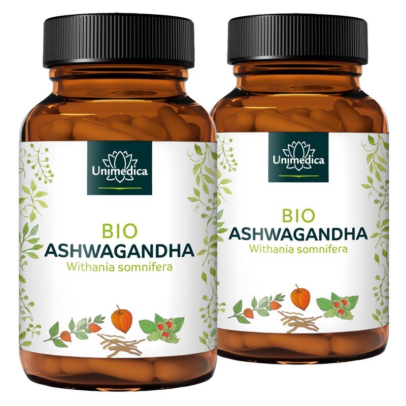 2er-Sparset: Bio Ashwagandha - 1.800 mg pro Tagesdosis (3 Kapseln) - hochdosiert - 2 x 180 Kapseln - von Unimedica