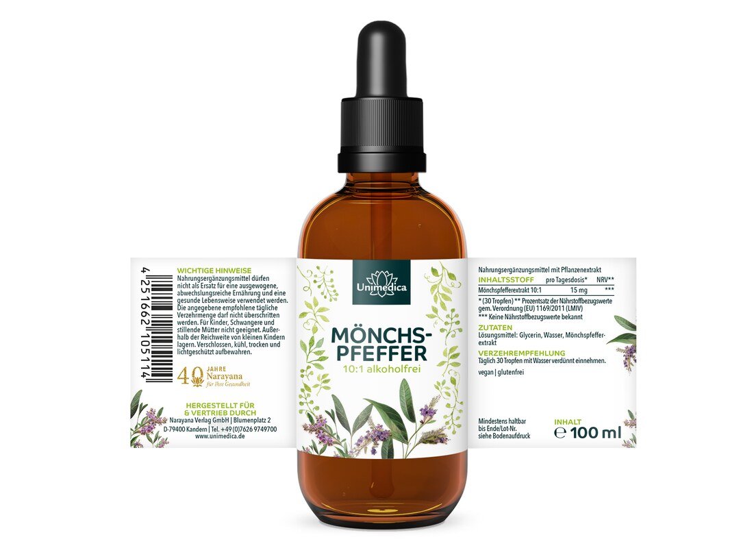 Mönchspfeffer - flüssiger Pflanzenextrakt - alkoholfrei - 15 mg pro Tagesdosis (30 Tropfen) - 100 ml - Tropfen - von Unimedica