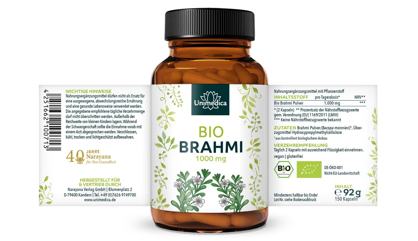 2er-Sparset: Bio Brahmi - 1.000 mg pro Tagesdosis (2 Kapseln) - 2 x 150 Kapseln - von Unimedica