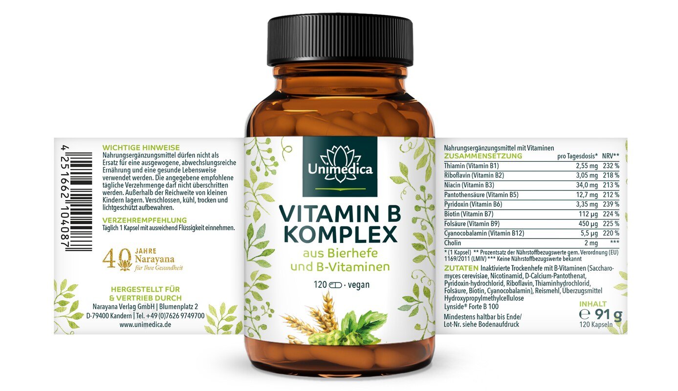 2er-Sparset: Vitamin B-Komplex aus Bierhefe + B-Vitamine - 2 x 120 Kapseln - von Unimedica