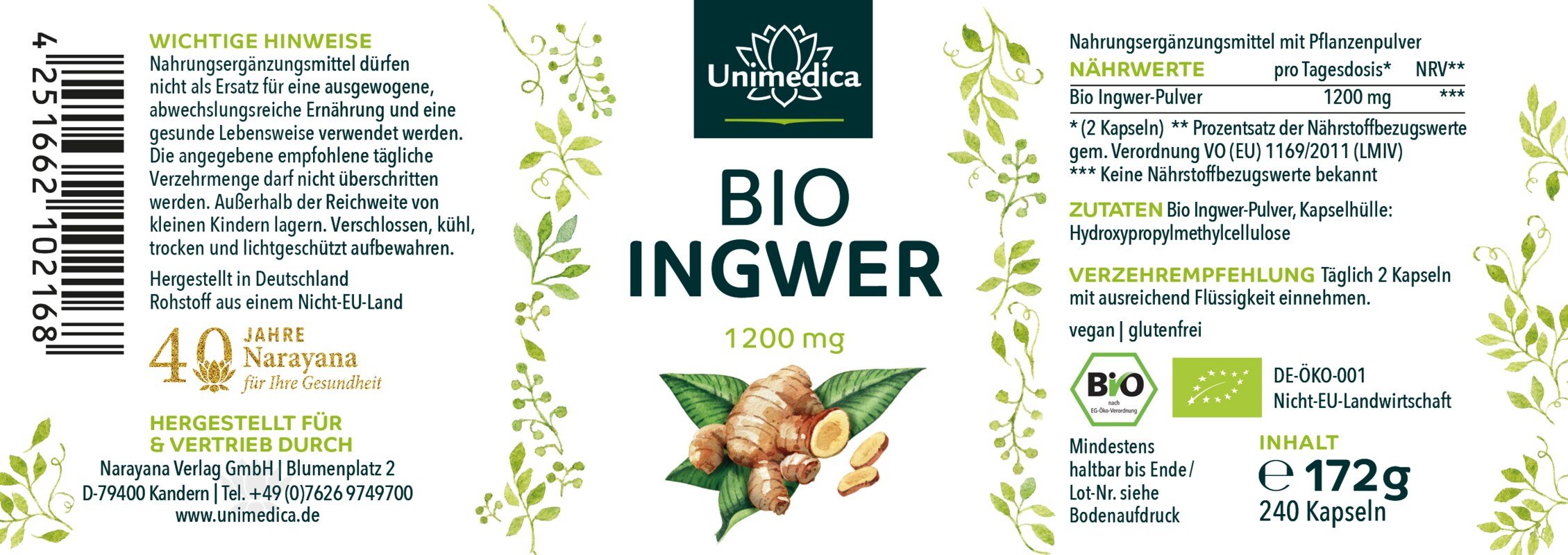 Bio Ingwer - 1200 mg pro Tagesdosis (2 Kapseln) - 240 Kapseln - von Unimedica