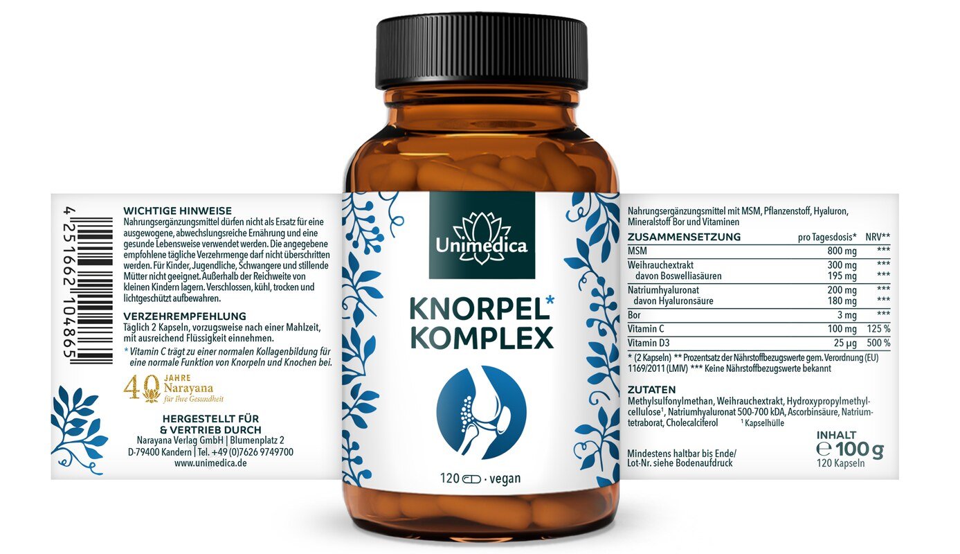 Knorpel* Komplex - mit MSM + Weihrauch + Hyaluron + Bor + Vitaminen - 120 Kapseln - von Unimedica