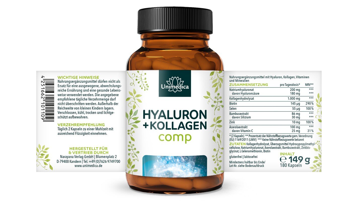 2er-Sparset: Hyaluron + Kollagen comp - mit Silizium aus Bambus, Vitaminen und Mineralien - 2 x 180 Kapseln - von Unimedica
