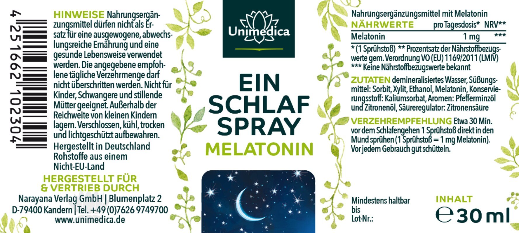 Einschlafspray - Melatonin - 30 ml - von Unimedica