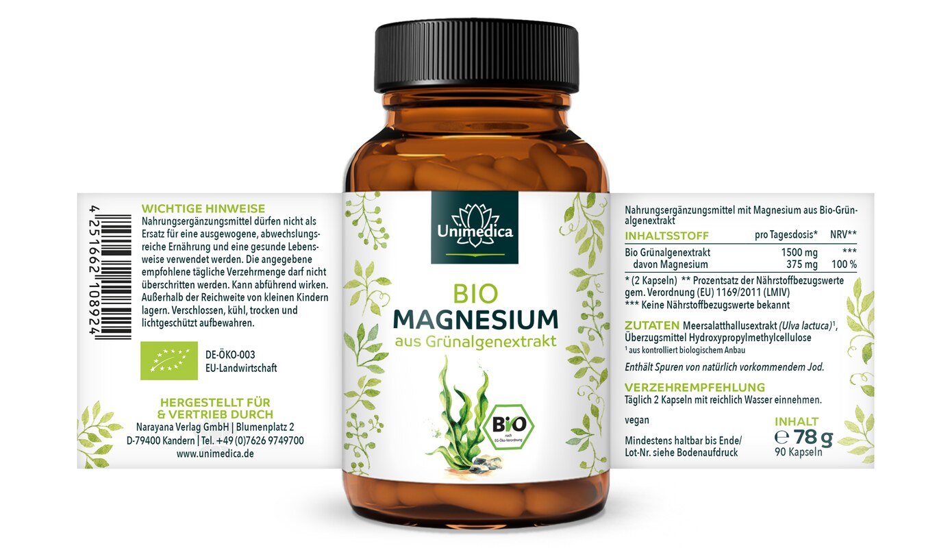 Bio Magnesium - aus Grünalgenextrakt - 375 mg pro Tagesdosis (2 Kapseln) - 90 Kapseln - von Unimedica