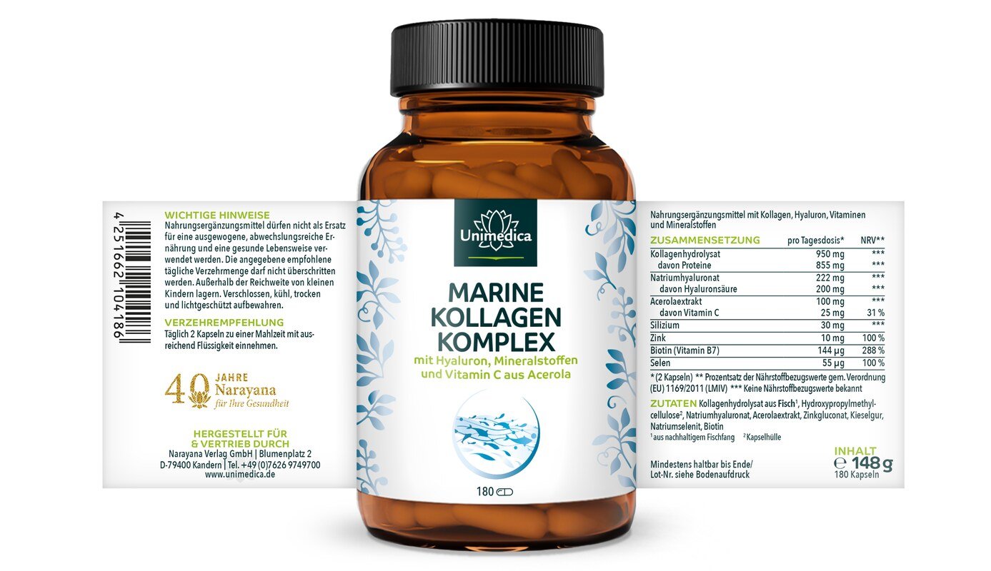 Marine Kollagen Komplex - mit Hyaluron, Vitaminen und Mineralien - 180 Kapseln - von Unimedica