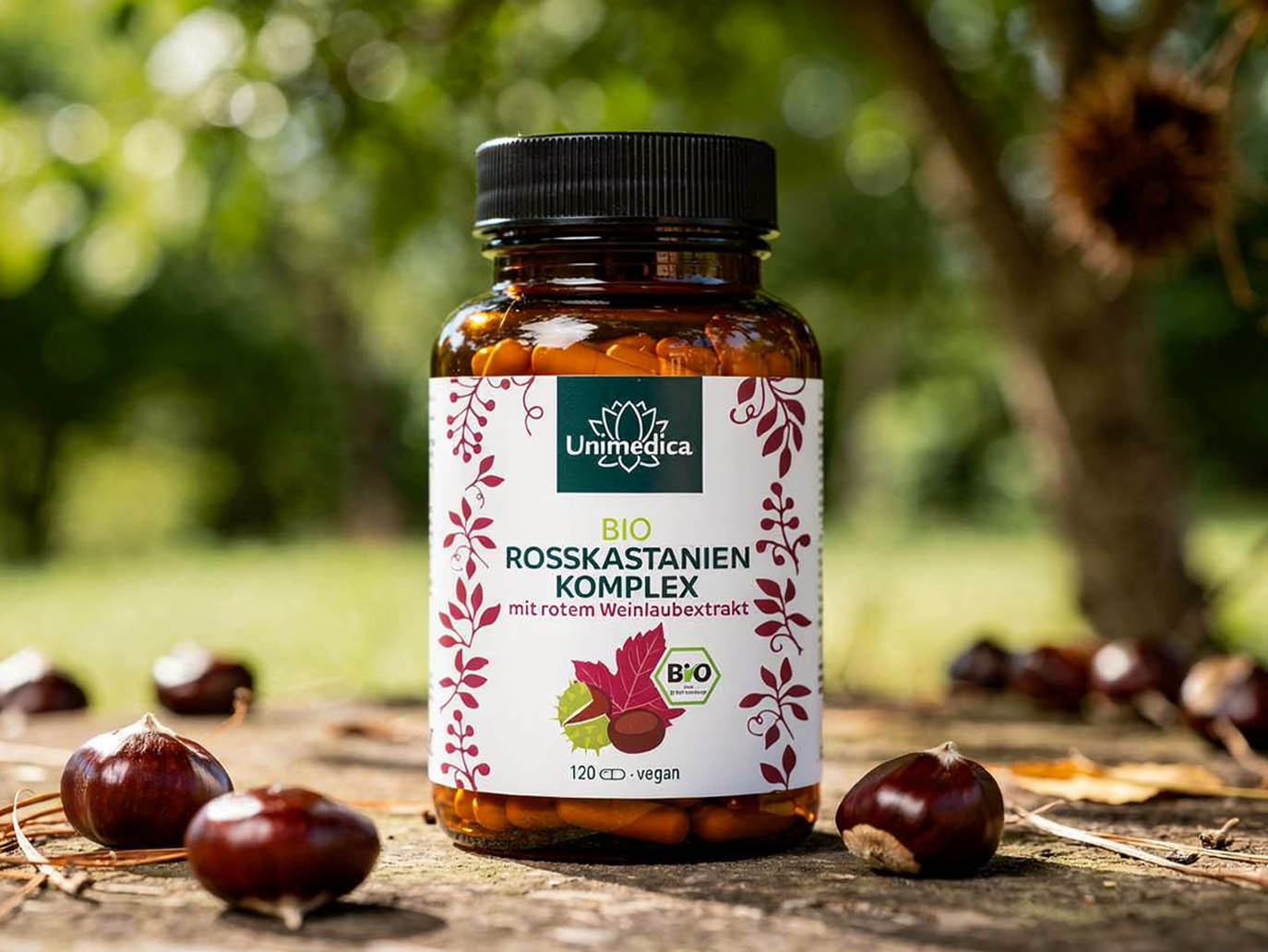 Bio Rosskastanien Komplex mit rotem Weinlaub und Acerola - 120 Kapseln - von Unimedica