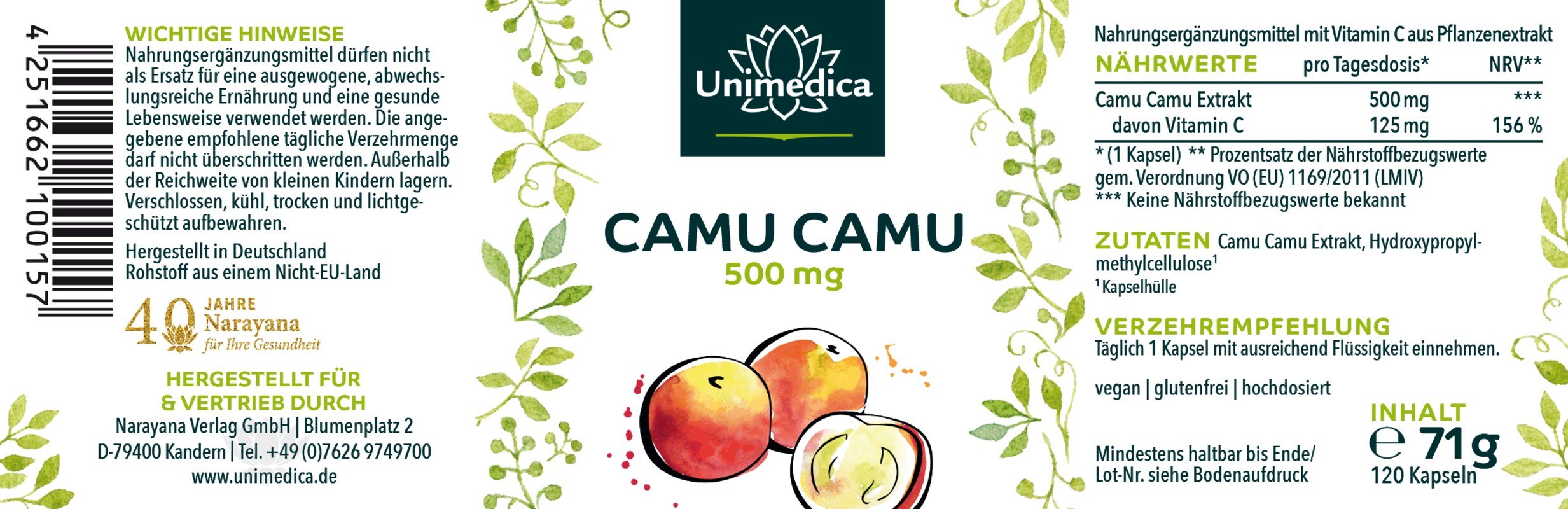 Camu Camu Extrakt - 500 mg pro Tagesdosis (1 Kapsel) - hochdosiert - 120 Kapseln - von Unimedica