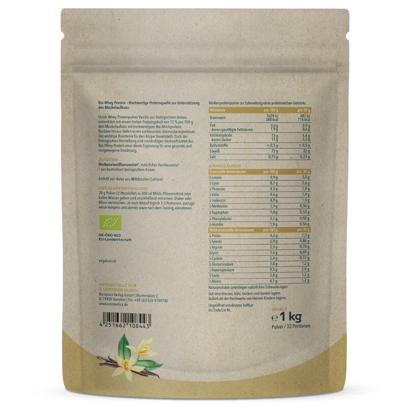 Bio Whey Protein - Vanille - 72 % Protein - 1 kg - von Unimedica