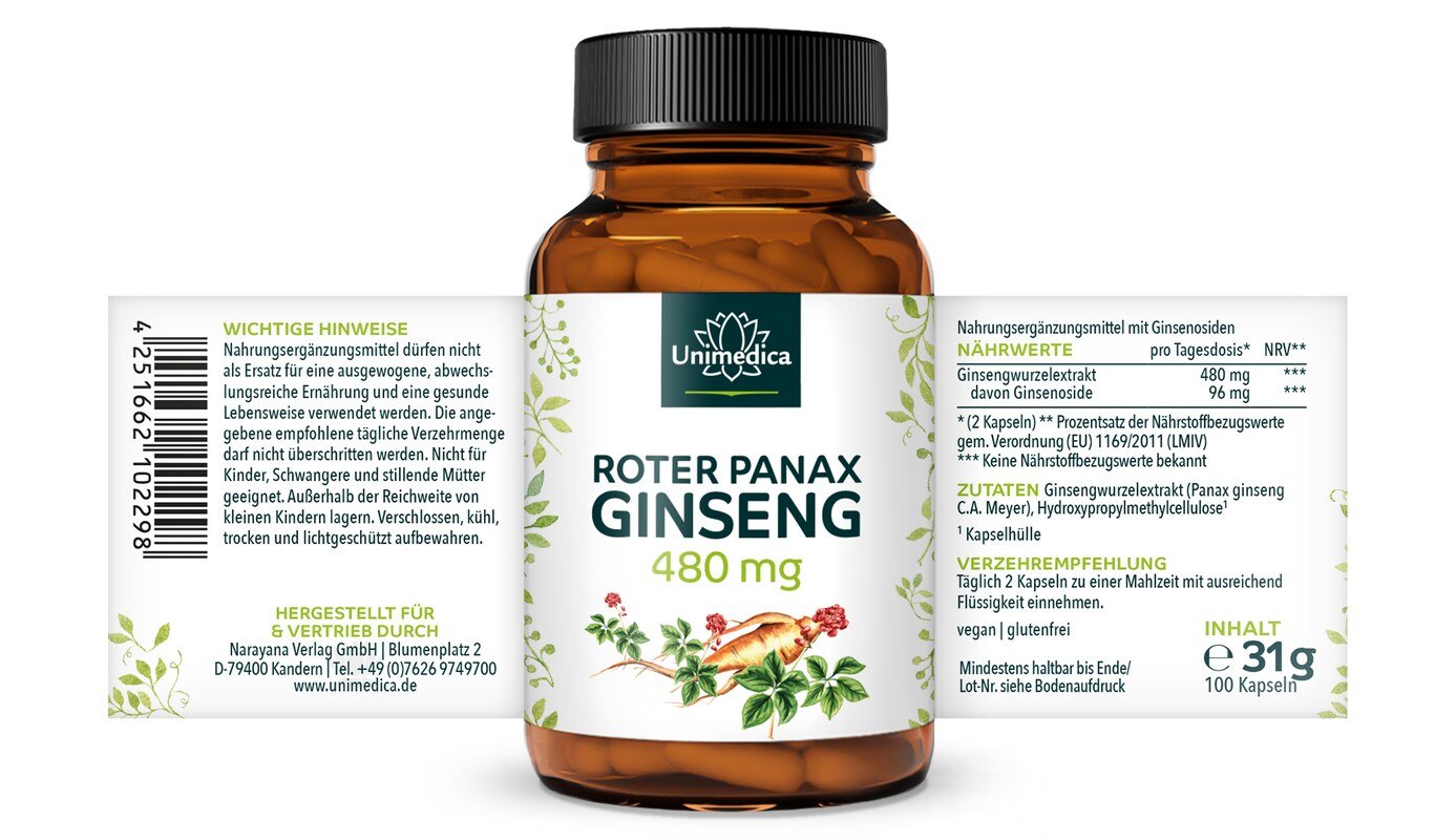 2er-Sparset: Roter Panax Ginseng Extrakt - koreanischer Ginseng C.A. Meyer - 480 mg pro Tagesdosis (2 Kapseln) - 20 % Ginsenoside - 2 x 100 Kapseln - von Unimedica