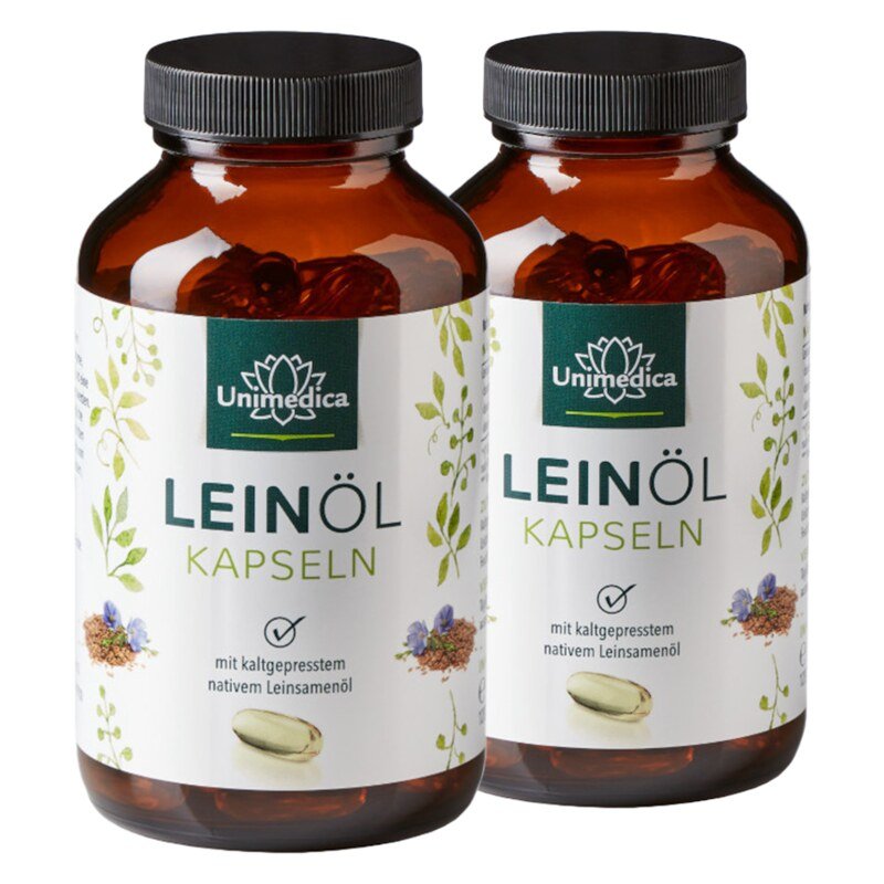 2er-Sparset: Leinöl mit pflanzlichen Omega Fettsäuren 3-6-9 - 1.000 mg pro Tagesdosis (1 Kapsel) - 2 x 120 Softgelkapseln - von Unimedica