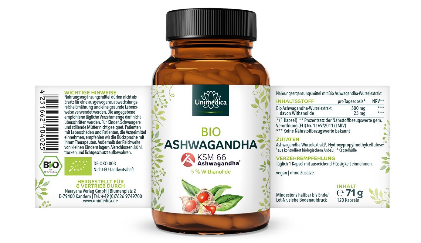 2er-Sparset: Bio Ashwagandha KSM 66® - 500 mg pro Tagesdosis (1 Kapsel) - 5 % Withanolide - 2 x 120 Kapseln - von Unimedica