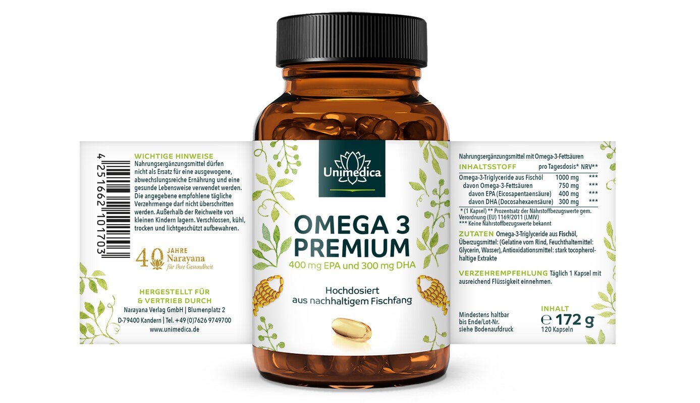 Omega 3 - Premium Fischöl mit 400 mg EPA und 300 mg DHA - hochdosiert - aus nachhaltigem Fischfang - 1.000 mg pro Tagesdosis (1 Kapsel) - 120 Softgelkapseln - von Unimedica