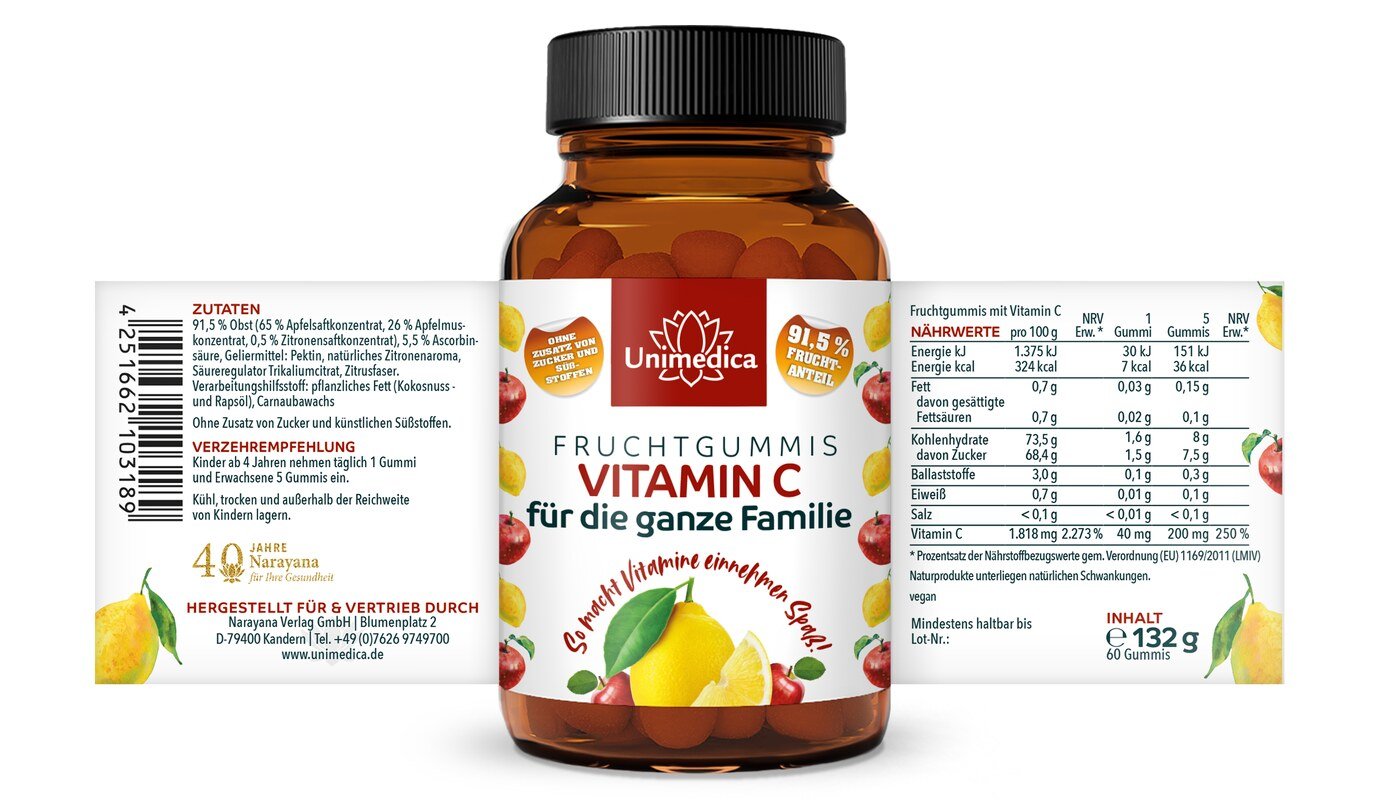 Vitamin C Fruchtgummis für die ganze Familie - mit 91,5 % Fruchtanteil - 60 Gummis - von Unimedica