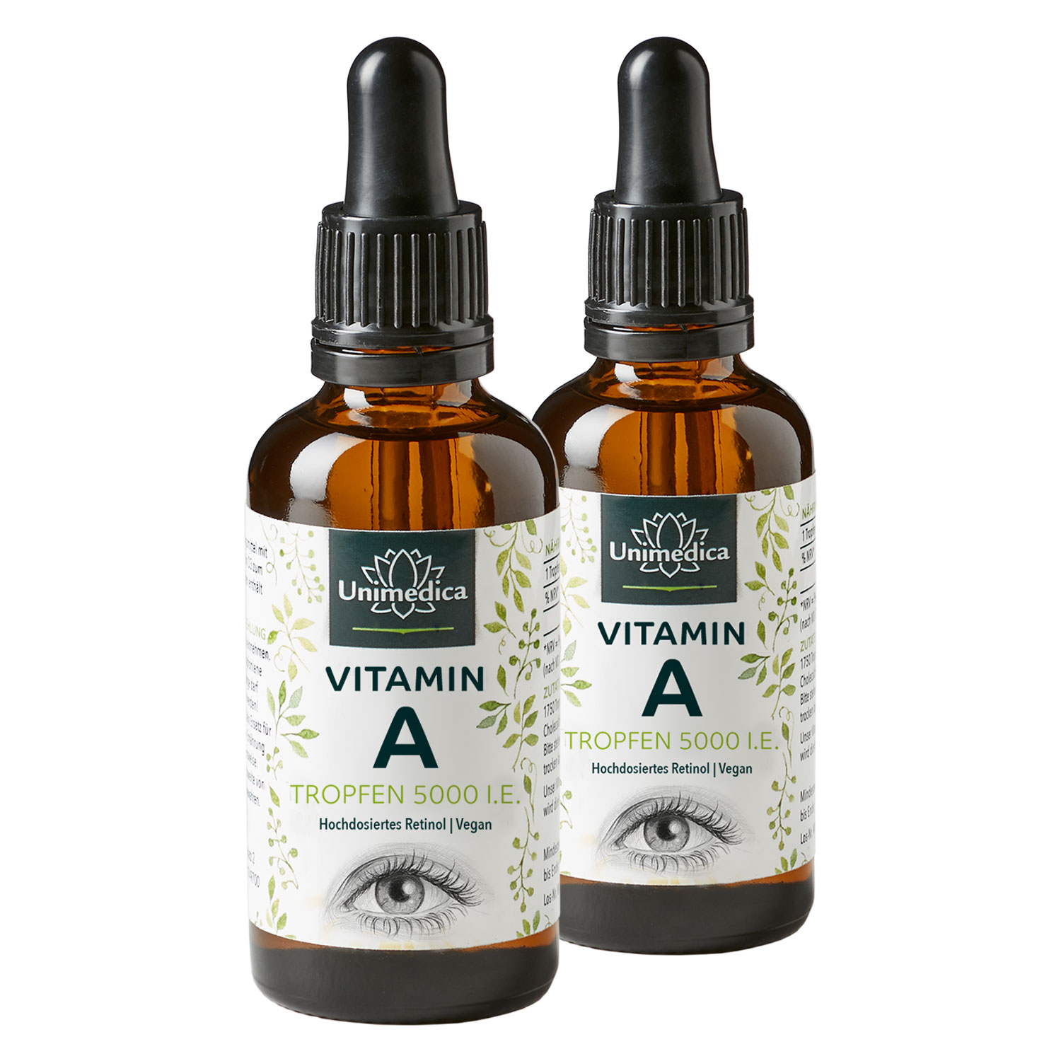 2er-Sparset: Vitamin A Tropfen - 1.500 µg / 5.000 I.E pro Tagesdosis (3 Tropfen) - hochdosiert - 2 x 50 ml - von Unimedica