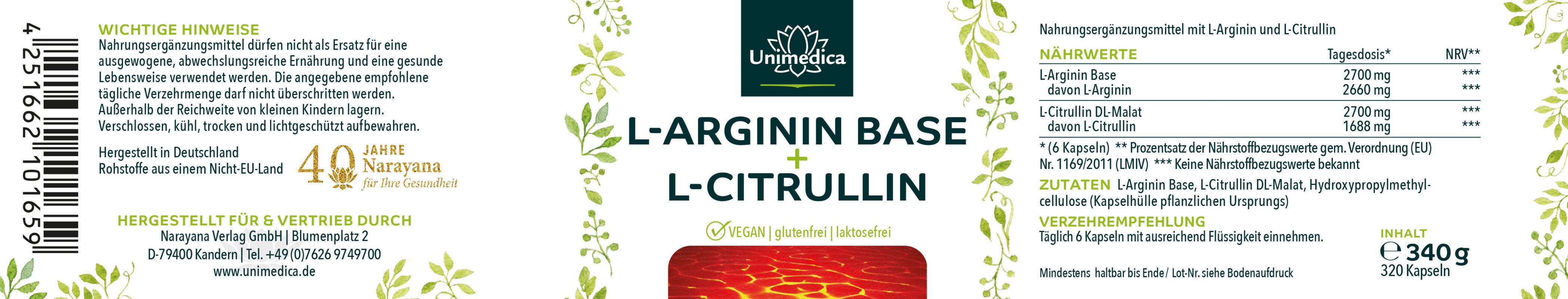 L-Arginin Base + L-Citrullin - 2.700 mg L-Arginin Base pro Tagesdosis (6 Kapseln) - 320 Kapseln - von Unimedica