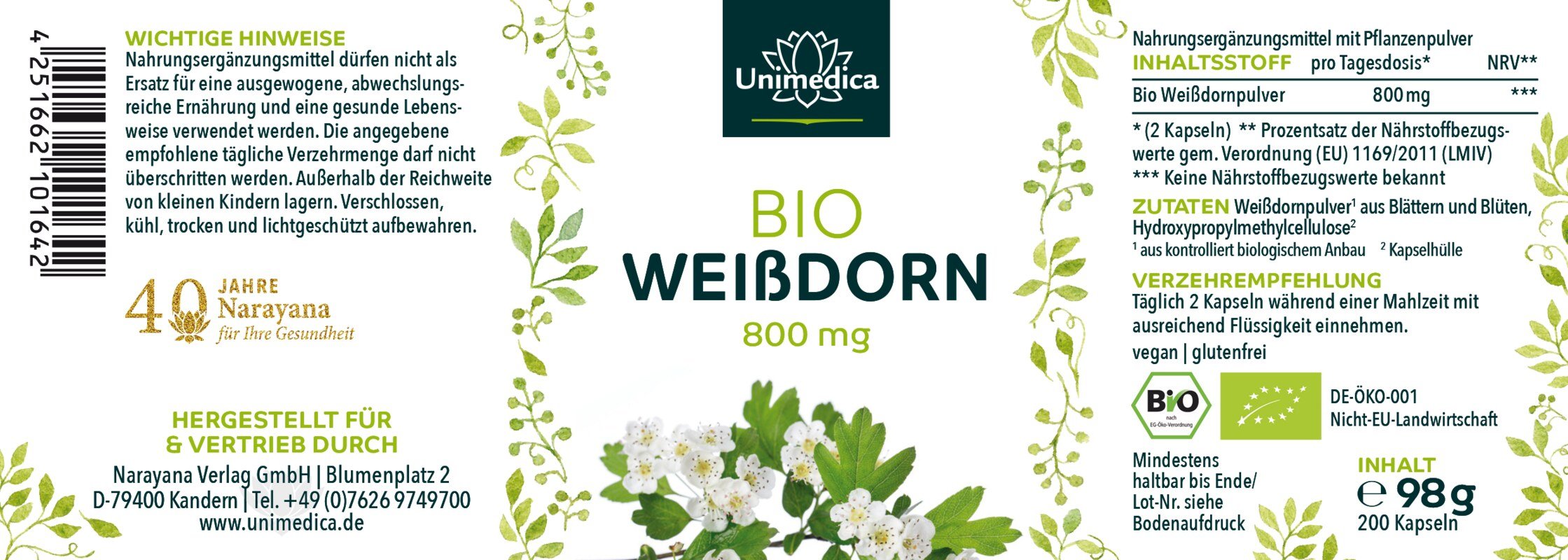 Bio Weißdorn - 800 mg pro Tagesdosis (2 Kapseln) - 200 Kapseln - von Unimedica