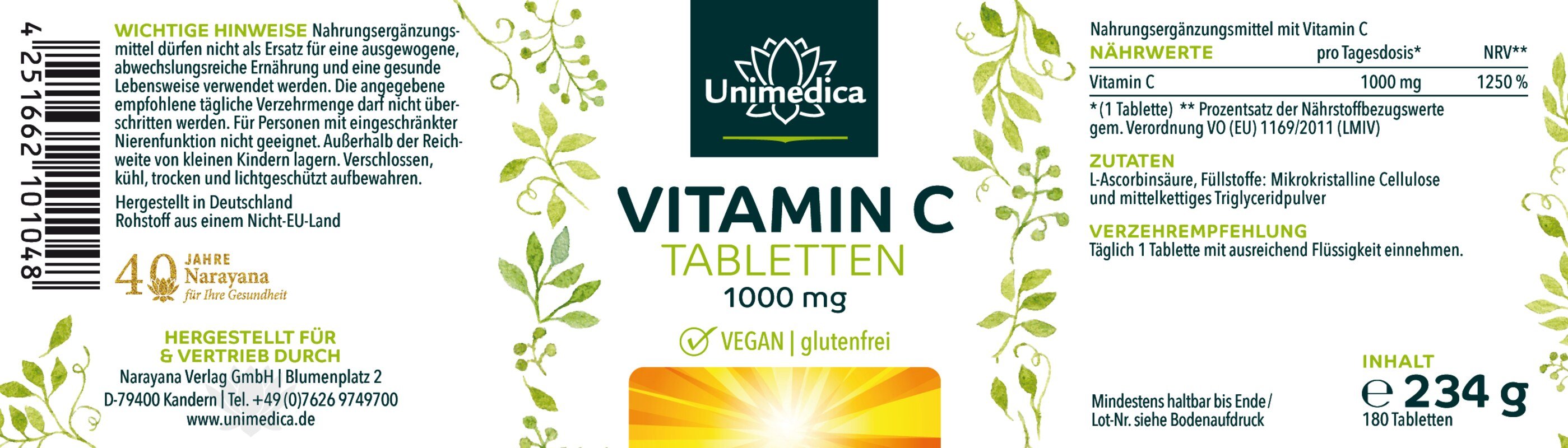 2er-Sparset: Vitamin C - 1000 mg pro Tagesdosis (1 Tablette) - 99 % Reinheit -  hochdosiert - 2 x 180 Tabletten - von Unimedica