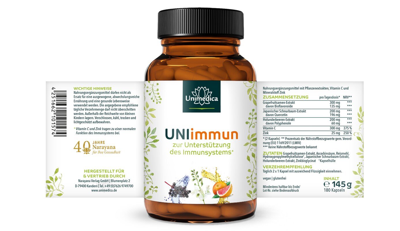UNIimmun - zur Unterstützung des Immunsystems* - Komplex mit Quercetin, Vitamin C und Zink - 180 Kapseln - von Unimedica