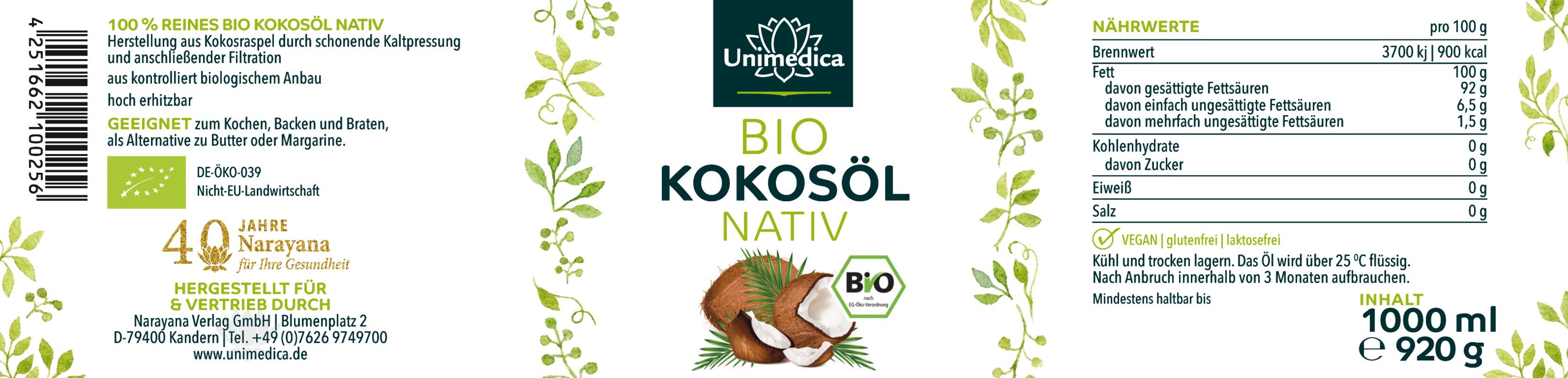 Bio Kokosöl nativ - Virgin Coconut Oil - 1.000 ml - von Unimedica