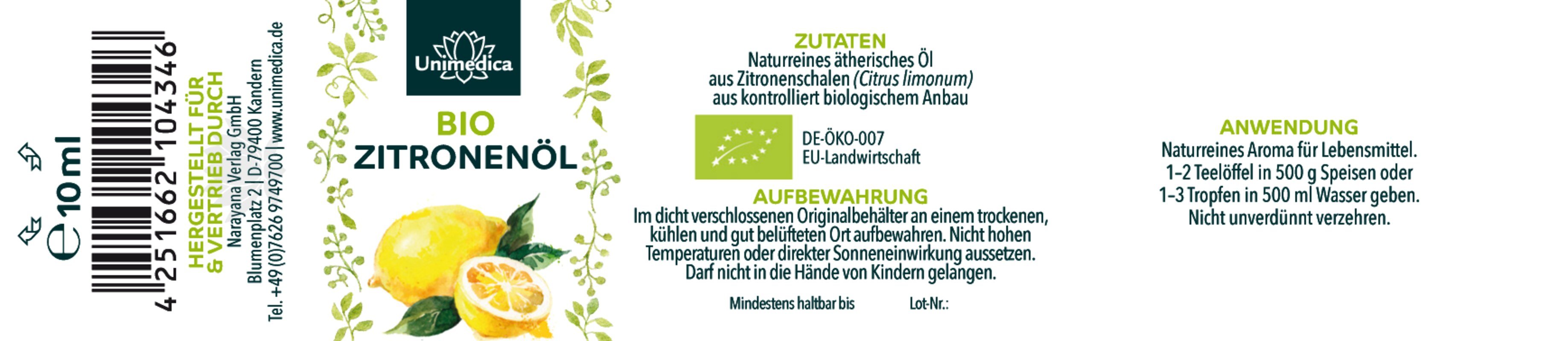 Bio Zitronenöl - ätherisches Öl - 10 ml - von Unimedica