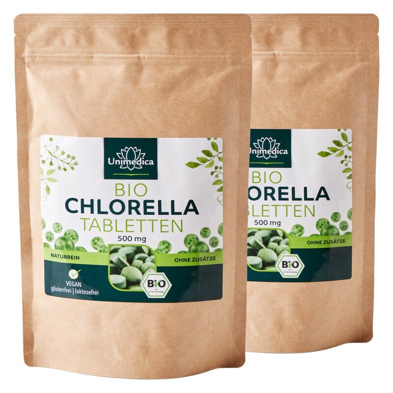 2er-Sparset: Bio Chlorella - 2 x 500 Tabletten mit je 500 mg reinem Chlorella Pulver -  laborgeprüft und naturrein - von Unimedica