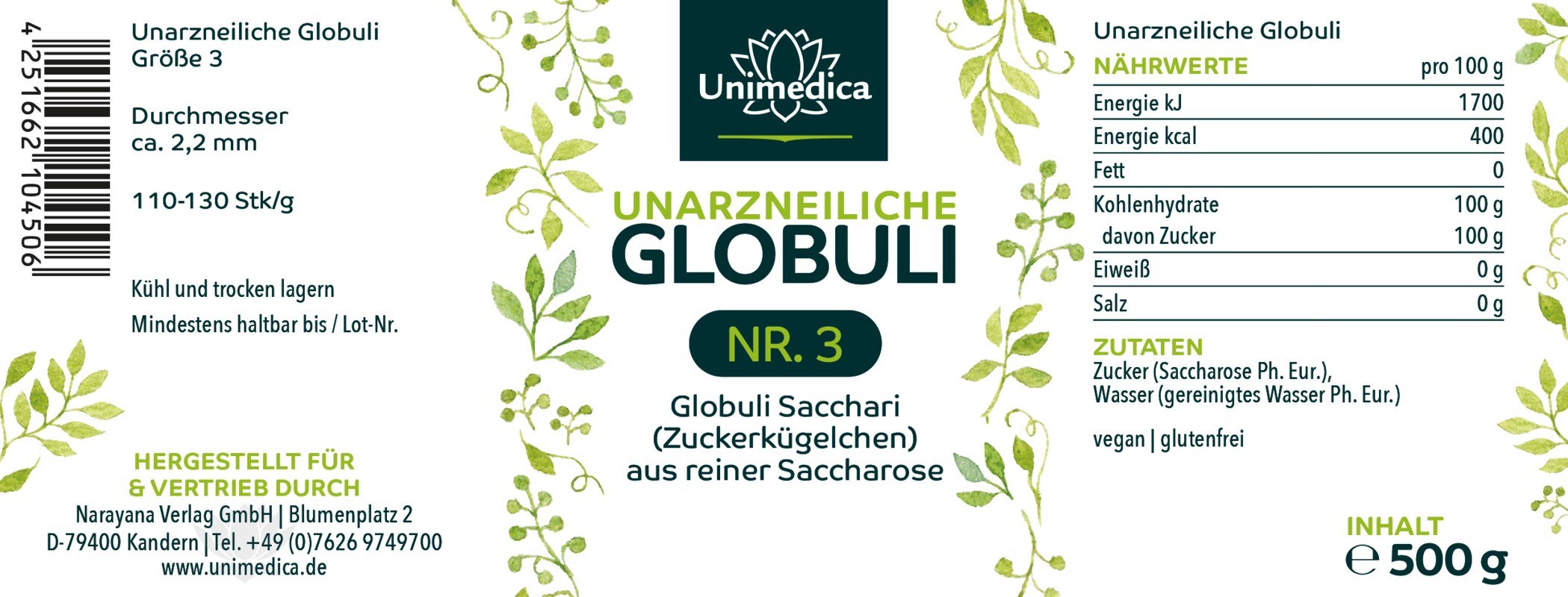Unarzneiliche Globuli Nr.3 - Globuli Sacchari (Zuckerkügelchen) aus reiner Saccharose - 500 g - von Unimedica