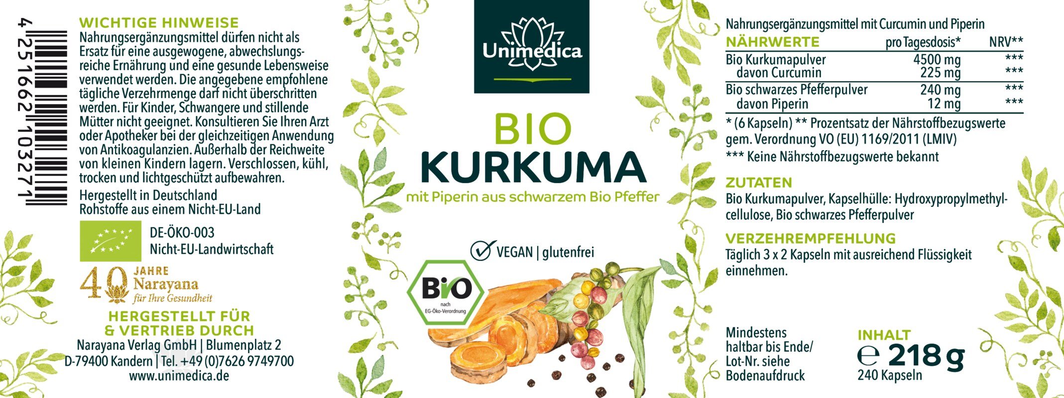 Bio Kurkuma mit schwarzem Bio Pfeffer - mit 225 mg Curcumin und 12 mg Piperin pro Tagesdosis (6 Kapseln) - 240 Kapseln - Unimedica