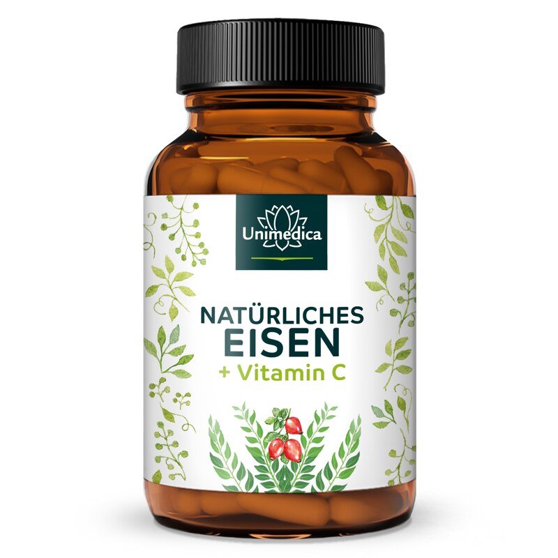 Natürliches Eisen aus Curryblatt Extrakt + Vitamin C aus Hagebutten Extrakt - 28 mg Eisen + 160 mg Vitamin C pro Tagesdosis (2 Kapseln) - 180 Kapseln - von Unimedica